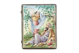 A Persian enamel cigarette case, painted with figures in a garden after Edmund Dulac for Rubaiyat of