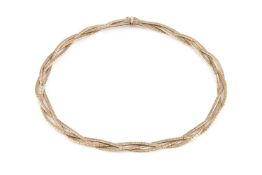 A 9ct gold collar necklace, designed as three entwined strands of textured finish, length 41cm Gross