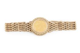 A 9ct gold gate-link bracelet, with padlock clasp, centred with an Elizabeth II half sovereign,