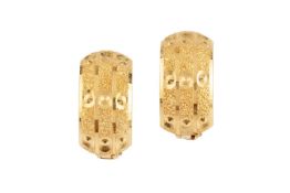 A pair of yellow precious metal ear hoops, of hinged part textured design, stamped '750', length 1.