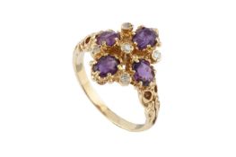 An amethyst and diamond dress ring, designed as a lozenge-shaped cluster of oval mixed-cut amethysts