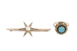 A pearl and diamond bar brooch, designed as a star-shaped panel, centred with a blister pearl
