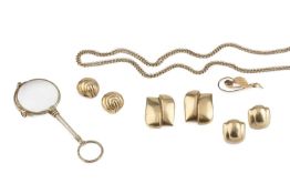A collection of jewellery, comprising a pair of lorgnettes, a belcher-link long chain, a pair of