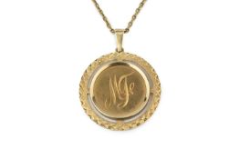 A Bayer commemorative medallion, in part-textured pendant mount stamped '585', on a trace-link chain