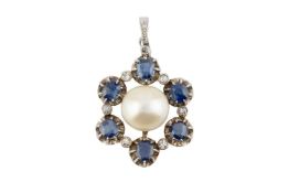 A sapphire, cultured pearl and diamond pendant, designed as an openwork cluster of vari-cut