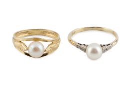 A cultured pearl and diamond dress ring, stamped '18CT', and a cultured pearl single stone dress