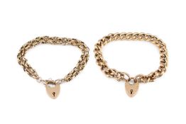A curb-link bracelet, stamped '9C', with 9ct gold padlock clasp, and a fancy-link bracelet, later