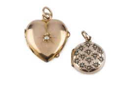 Two half pearl set locket pendants, the first of heart-shaped form, the second of circular form,