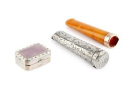 An Edwardian silver and enamel rectangular pill box, with canted angles, the lilac guilloche