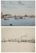 Douglas Ion Smart (1879-1970) Shipping on the Thames, signed watercolour 16cm x 23cm: and one