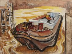 Circle of John Bratby (1928-2002) Industrial river landscape with moored barge, oil on board, 55.5 x