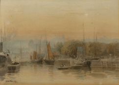 John Varley Jnr (1850-1933) Quayside with sailing vessels at sunset, signed, watercolour, 25 x 34.