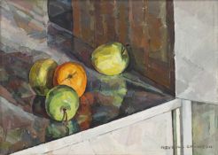 Neville Crowson (b.1936) Apples and an orange on a ledge, signed, oil on canvas, 25 x 35.5cm