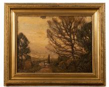 Albert Ernest Bottomley (1873-1950) Figures on a country road at dusk, signed, oil on canvas, 32 x