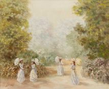 Alex Saval (b.1929) Ladies with parasols on a summer lawn, signed, oil on canvas, 39.5 x 49cm