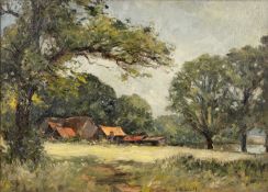 Joseph Rendell (1872-1955) Country landscape with cottages, signed, oil on plywood panel, 39 x 54.