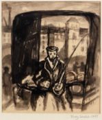 Terry Scales (b.1933) 'Drayman and wagon of casks', Indian ink pen and wash, initialled and dated