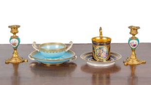 A group of porcelain and a pair of candlesticks