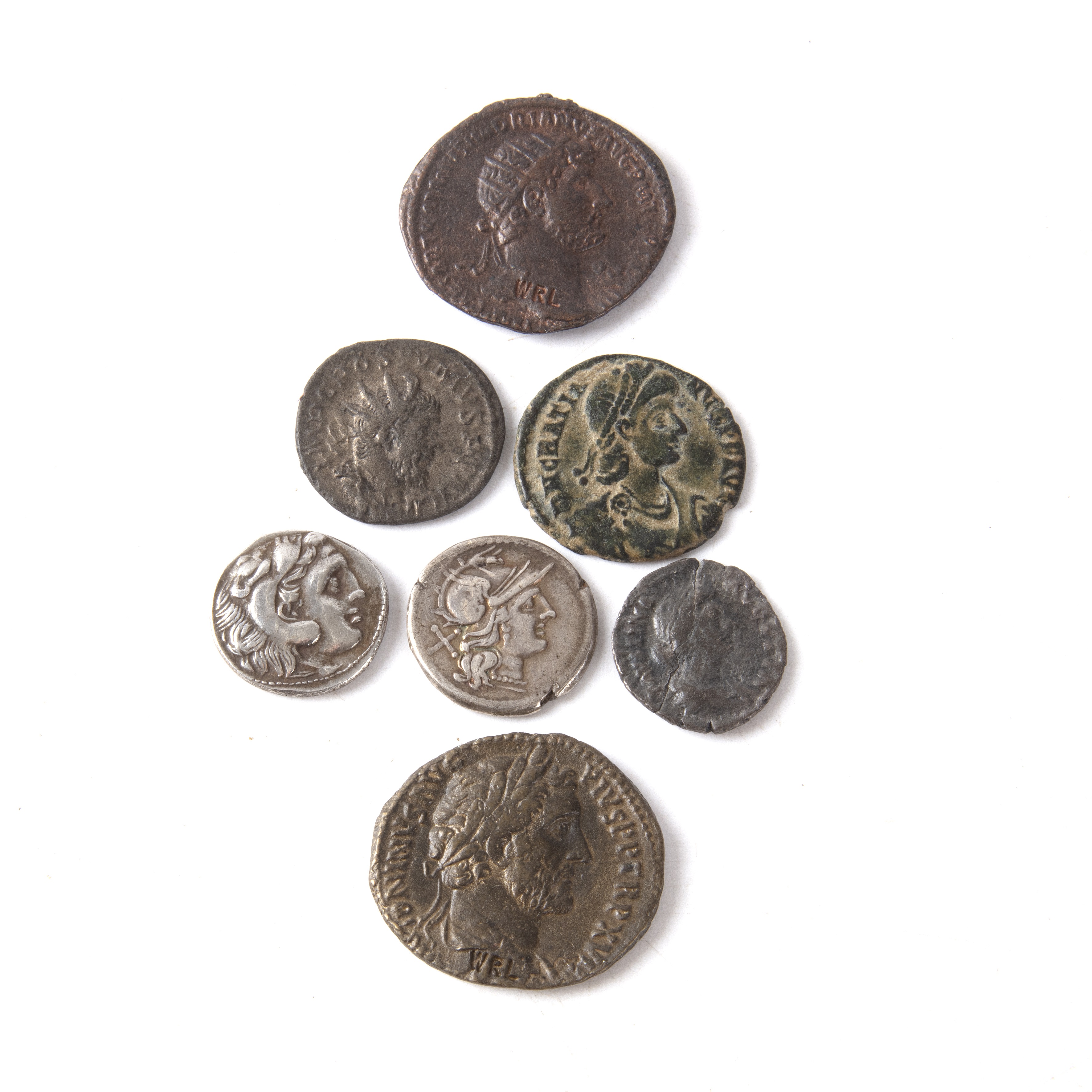 A collection of ancient Greek and Roman coinage extensive wear