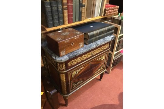 A French Louis XVI style marquetry kingwood marble topped commode in the manner of Jean-François - Image 7 of 17