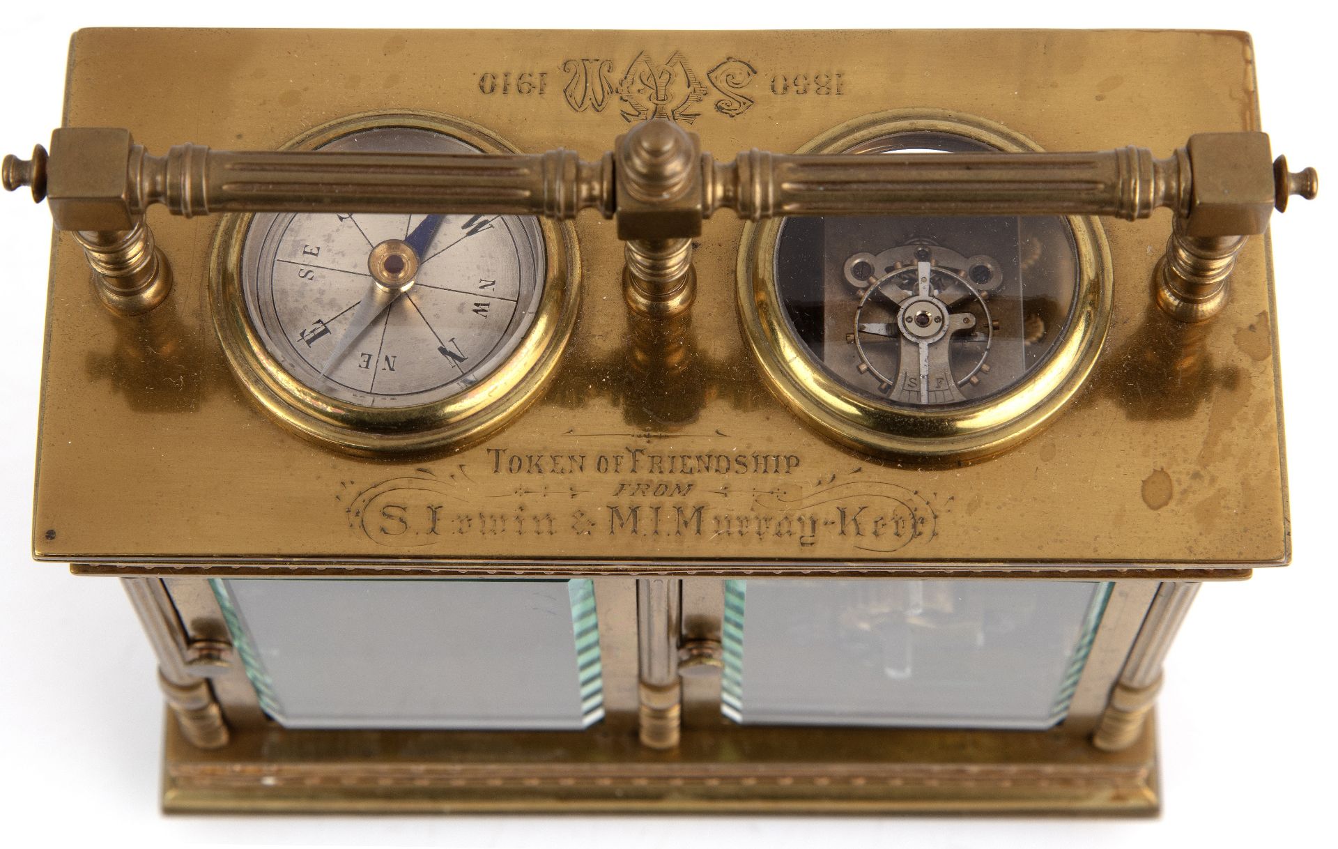 A late 19th century French gilt brass combination carriage timepiece/barometer, have enameled - Bild 4 aus 4