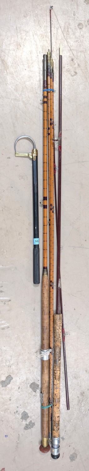 A Hardy Bros Fisherman's telescoping gaff and a four and two length split fishing poles.