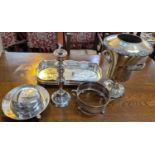 A silver plated double handled vase, wine cooler, silver plated tray etc.