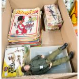 An Action man figure; various boxed and unboxed Airfix soldiers etc; vintage comics.