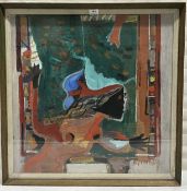 20TH CENTURY SCHOOL Abstract with female figure. Indistinctly signed. Mixed media on board 26' x