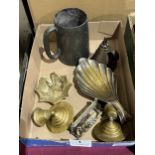 Antique brassware, two shire horse bells, umbrella trinket dish, Clovelly donkey napkin/card/