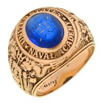 A North American gold United States Naval Academy ring, set with blue glass engraved Thomas