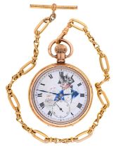 A gold plated keyless lever watch,  early 20th c, the enamel dial painted after manufacture with