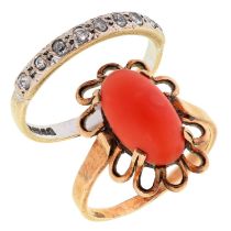 A diamond ring, illusion set, in 9ct white gold and a coral ring, in gold, 4.5g, size L, N (2)