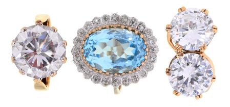 Three gold rings, variously gem set, 15.3g, size I, J, M Good condition