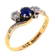 A sapphire and diamond ring, gold hoop marked 18ct PLATINUM, 2.7g, size M Light wear, sapphire
