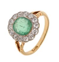 An emerald and diamond ring,  in gold marked 18ct, head 13 x 15mm, 4g, size O Emerald scratched from