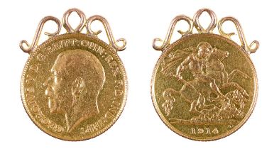 Gold Coin. Half sovereign 1914,  gold scroll mount, 4.4g