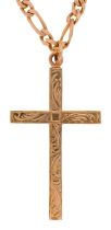 A 9ct gold cross, 56mm h, London import mark, on 9ct gold flat curb chain, 33g Good condition