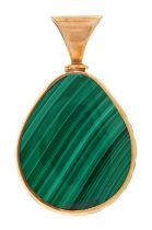A tear shaped malachite pendant, in 9ct gold, 49mm h, Sheffield 1998, 26.6g Good condition