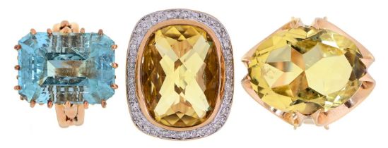 Three gold rings, variously gem set, 24.8g, size H, I, M Good condition