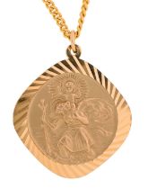 A 9ct gold St Christopher pendant, 28 x 28mm, London 1971, on gold chain, marked 9ct, 23g Good