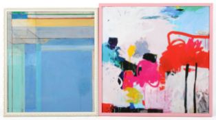 Two colourful contemporary framed posters. Max. 79cm x 79cm. Both framed and glazed.