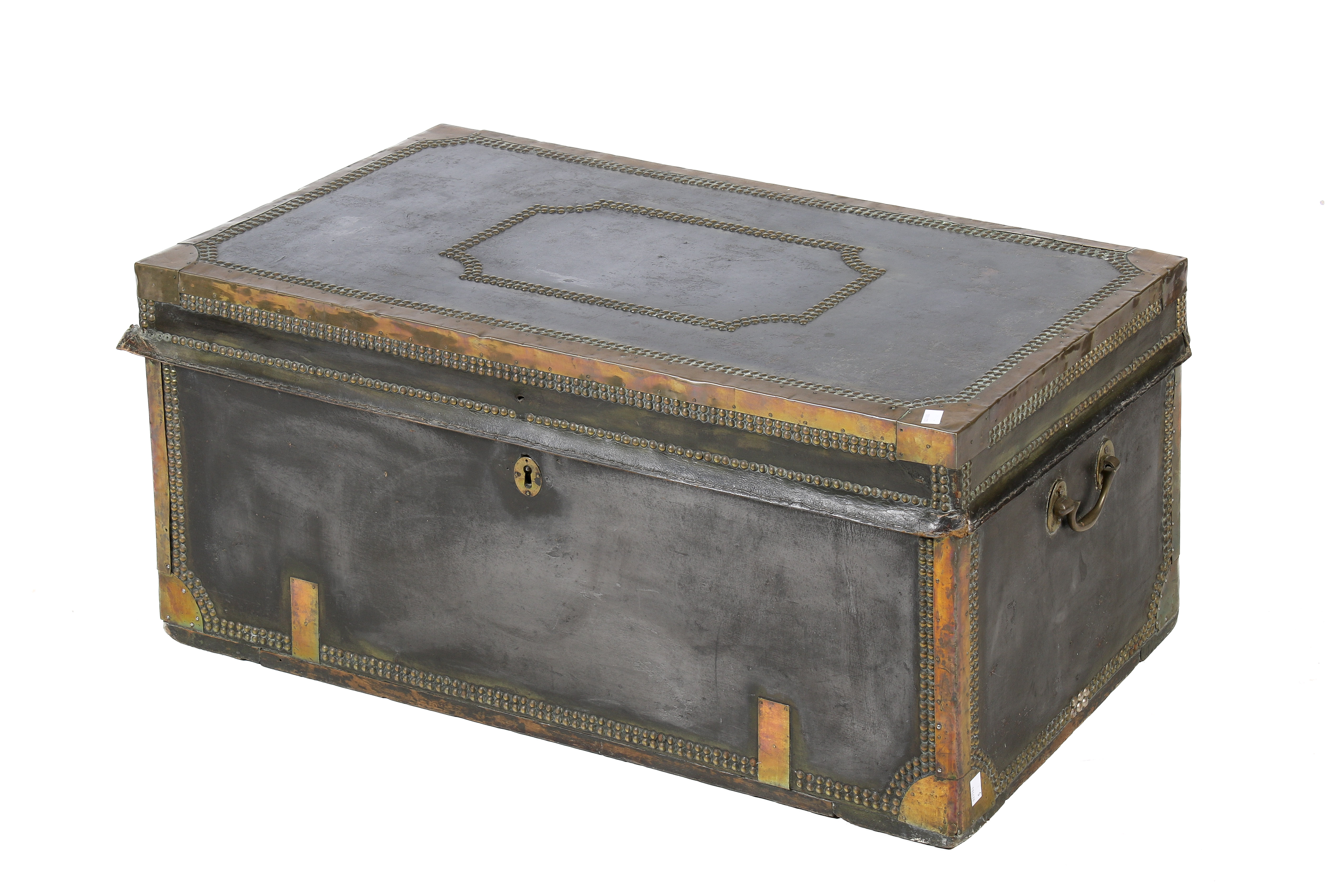 A leather bound travelling trunk.