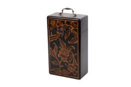 A reproduction oriental style box for two bottles. Decorated with stylized flowers and leaves.