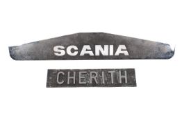Two vintage metal name plate plaques. Including 'Scania' & 'Cherith'. Max.