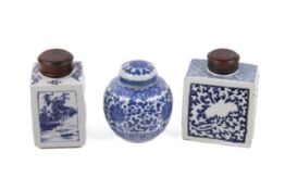 A group of three assorted blue and white Chinese ceramics.