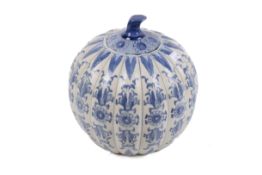 A large Chinese style blue and white pumpkin jar and cover.