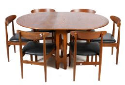 A Mcintosh mid-century oval gate leg table and a set of six chairs. H75cm x W154cm x D107.