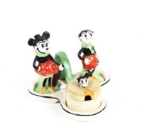 A 1950s Crown Devon Mickey Mouse ceramic cruet set on stand.