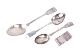 Three Georgian silver spoons and and tobacco box.